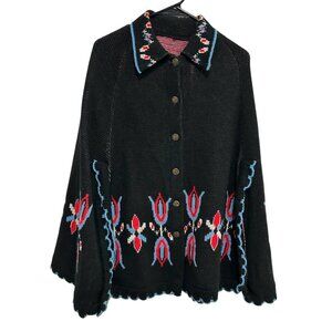 Vintage Black Knit Cardigan Cape Floral Embroidery Brass Buttons